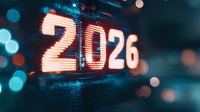 Digital display showing number 2026 in bright orange lights against dark blue background with bokeh effect, representing future technology or upcoming year.