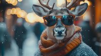 Stylish goat wearing sunglasses and knit scarf in snowy winter setting with bokeh lights and blurred urban background.