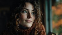 Young woman with curly hair wearing cozy orange sweater looking thoughtfully out window during autumn season with warm natural lighting.