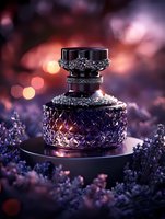Luxury crystal perfume bottle with sparkling faceted design surrounded by lavender flowers on dark background with warm bokeh lighting.