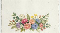 Vintage floral arrangement with pink roses, purple hydrangeas, and mixed greenery on textured cream paper background for botanical design projects.
