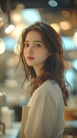 Young Asian woman with long wavy brown hair wearing white shirt in warm bokeh city lights background for lifestyle and portrait photography.