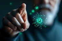 Glowing green virus particles floating in dark space with male hand reaching towards microscopic pathogen visualization, medical science concept.