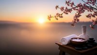Spa wellness setup with towels and flowers at golden sunset overlooking misty mountains. Relaxation therapy concept for meditation and self-care treatments.