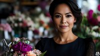 Young Hispanic woman florist arranging purple flowers in shop, small business owner working with fresh blooms, entrepreneur in floral design studio.