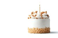 Single serving white cream cake with cookie crumb base, topped with swirled frosting, caramel drizzle, and lit birthday candle on white background, minimalist style.