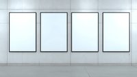 Four empty white frames mounted on light gray wall in modern gallery space with concrete floor, ready for artwork display or mockup presentation.