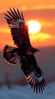 Majestic eagle soaring against dramatic orange sunset sky, wings spread wide in silhouette, sunlight illuminating feather details creating striking backlit effect.