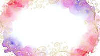Watercolor frame with golden swirls and pink purple splashes on white background for wedding invitations, greeting cards and romantic designs.