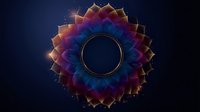 Glowing mandala flower with gradient petals from gold to deep blue on dark background, mystical circular ornament with light effects and sacred geometry pattern.