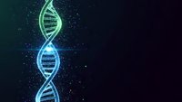 Glowing DNA double helix structure with digital particles on dark background for genetic research, biotechnology and medical science applications.