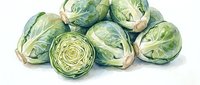 Fresh green Brussels sprouts arranged in a pile, with one cut in half to show the layered interior structure. Suitable for food, nutrition, cooking, and healthy eating content.