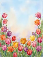 Watercolor tulip garden border with colorful blooms in pink, purple, yellow and orange on soft sky background, perfect for spring cards and invitations.