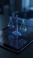 Digital scales of justice hologram glowing in blue neon light on smartphone screen, representing legal technology, cybersecurity, and law enforcement solutions for digital platforms.