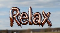 Metallic rose gold balloon letters spelling RELAX floating against blue cloudy sky, creating motivational message for wellness and mindfulness content.