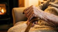 Elderly hands resting on wooden walking cane in cozy living room with fireplace creating warm atmosphere for senior care and aging concepts.