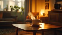 Steaming coffee cup on wooden table in cozy living room with warm lighting and window view, creating relaxing morning atmosphere for lifestyle and home decor designs.