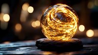 Glowing golden energy sphere floating above dark stone surface with warm bokeh lights creating magical atmospheric background for spiritual meditation concepts.