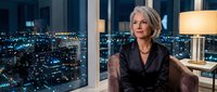 Mature woman with gray hair and fair complexion, wearing black blazer, seated in modern high-rise office with nighttime city skyline view through floor-to-ceiling windows, professional business setting.
