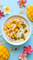 Chia seed pudding bowl topped with fresh mango chunks, coconut flakes, and passion fruit seeds, surrounded by tropical flowers and mango slices on bright blue background.