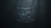 Transparent glass cube containing glowing blue digital network nodes and connecting lines, representing data, technology, and artificial intelligence concepts for digital transformation projects.
