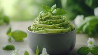 Fresh basil pesto sauce swirled in gray ceramic bowl, garnished with green leaves against blurred background, close-up view for culinary presentation.