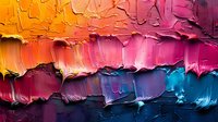 Vibrant oil paint texture with layered strokes in sunset colors, from orange through pink to deep blue, creating dramatic impasto effect on canvas surface.