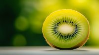 Fresh juicy kiwi fruit half showing detailed seed pattern and vibrant green flesh on blurred natural background. Macro food photography for healthy eating concept.