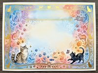 Watercolor frame with cute cats and floral elements on textured paper background. Decorative border for invitations, cards, scrapbooking projects.