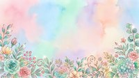 Soft pastel watercolor floral border with roses, succulents, and green leaves on a dreamy rainbow background, perfect for cards and invitations.
