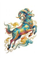 Ornate ram with curved horns in vibrant blue, gold, and red tones, featuring intricate decorative patterns and flowing swirls. Isolated on transparent background, ready for t-shirts, stickers, clipart, and print-on-demand designs.