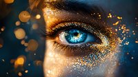 Striking blue eye with golden glitter makeup and sparkles against dark background, creating magical and ethereal beauty effect for cosmetic advertising.