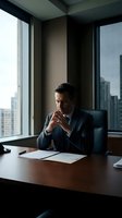Thoughtful middle-aged Caucasian businessman in suit contemplating at executive desk in modern office with city skyline view through large windows.