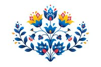 Decorative folk art floral composition with stylized tulips and leaves in blue, red and yellow colors on white background, symmetrical botanical ornament.