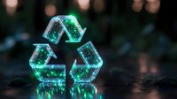 Glowing green recycling symbol with sparkles floating above reflective surface against dark background, environmental conservation concept.