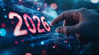 Male hand touching digital 2025 number on futuristic technology interface with glowing blue and pink bokeh background.