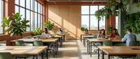 Diverse group of professionals working at wooden desks in a bright, plant-filled office space with large windows and natural sunlight for modern workplace and collaborative environment concepts.