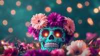 Decorative turquoise sugar skull with glowing red eyes and pink gerbera daisy flower crown against blurred bokeh background creates mystical Day of Dead atmosphere.