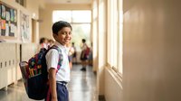 Happy young Hispanic student boy with backpack smiling in bright school hallway during daytime, ready for learning and education activities.