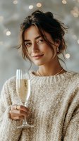 Young brunette woman in golden sweater holding champagne glass with warm bokeh lights background for holiday celebration and festive occasions.