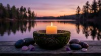 Zen meditation setup with burning candle in decorative bowl surrounded by healing stones at peaceful lake during sunset for wellness and spiritual practices.