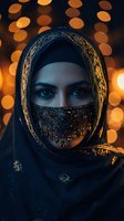 Middle Eastern woman wearing ornate embroidered hijab with face veil against warm bokeh lights background creating atmospheric portrait for cultural fashion content.
