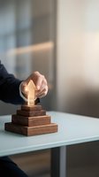 Businessperson holding glowing upward arrow symbol on wooden blocks, representing growth, success, and financial progress in modern office environment.