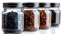 Glass jars filled with various loose leaf teas including black, herbal, and specialty blends arranged in row on white background for kitchen storage.