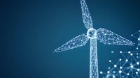 Digital wireframe wind turbine with connected dots and lines on deep blue background illustrates renewable energy and smart grid technology concept.