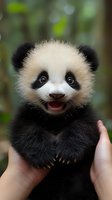 Adorable baby panda cub with bright eyes and happy expression being held in hands against blurred green background, showing fluffy black and white fur and pink tongue.