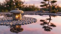 Stone lantern glowing at sunset beside tranquil pond with pebbles creating peaceful zen garden atmosphere for meditation and relaxation design.