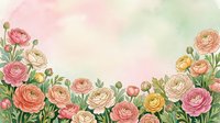 Watercolor ranunculus flowers border frame with soft pastel colors on textured background for wedding invitations and spring designs.