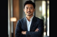 Confident Asian businessman in navy blazer and white shirt standing with arms crossed, displaying professional demeanor against blurred office background.