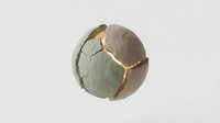 Cracked sphere with gold seams on neutral background, isolated design element for modern graphics, web design, and creative projects.